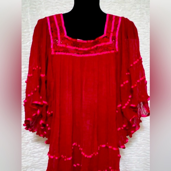Puebla Mexican Hot Pink Blouse with Ribbon trim - Picture 1 of 2
